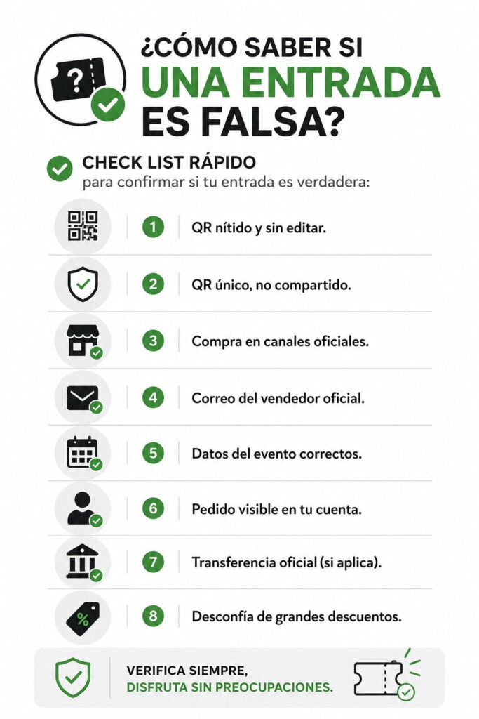 Infografía con las claves para identificar si una entrada para un concierto, festival o evento es falsa o auténtica.