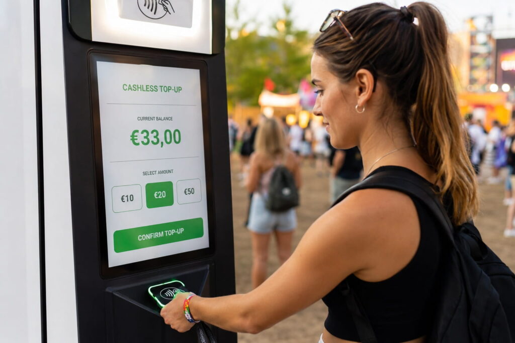 AAsistente recargando pulsera cashless RFID en punto de recarga de evento