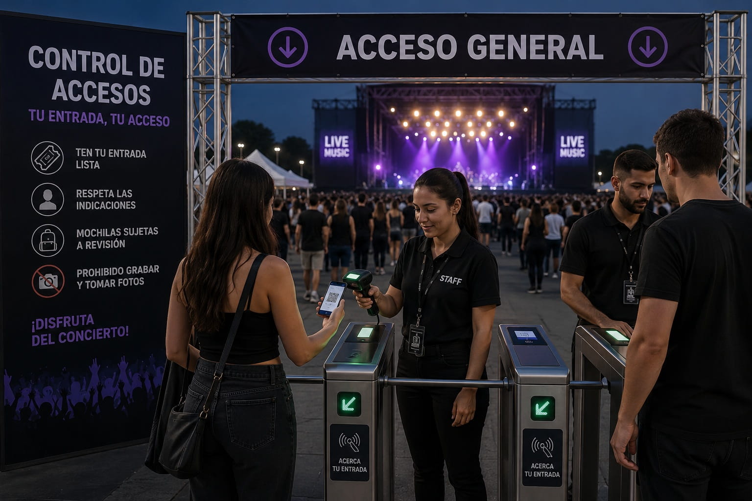 Control de acceso en feria con múltiples puntos de entrada y gestión de aforo